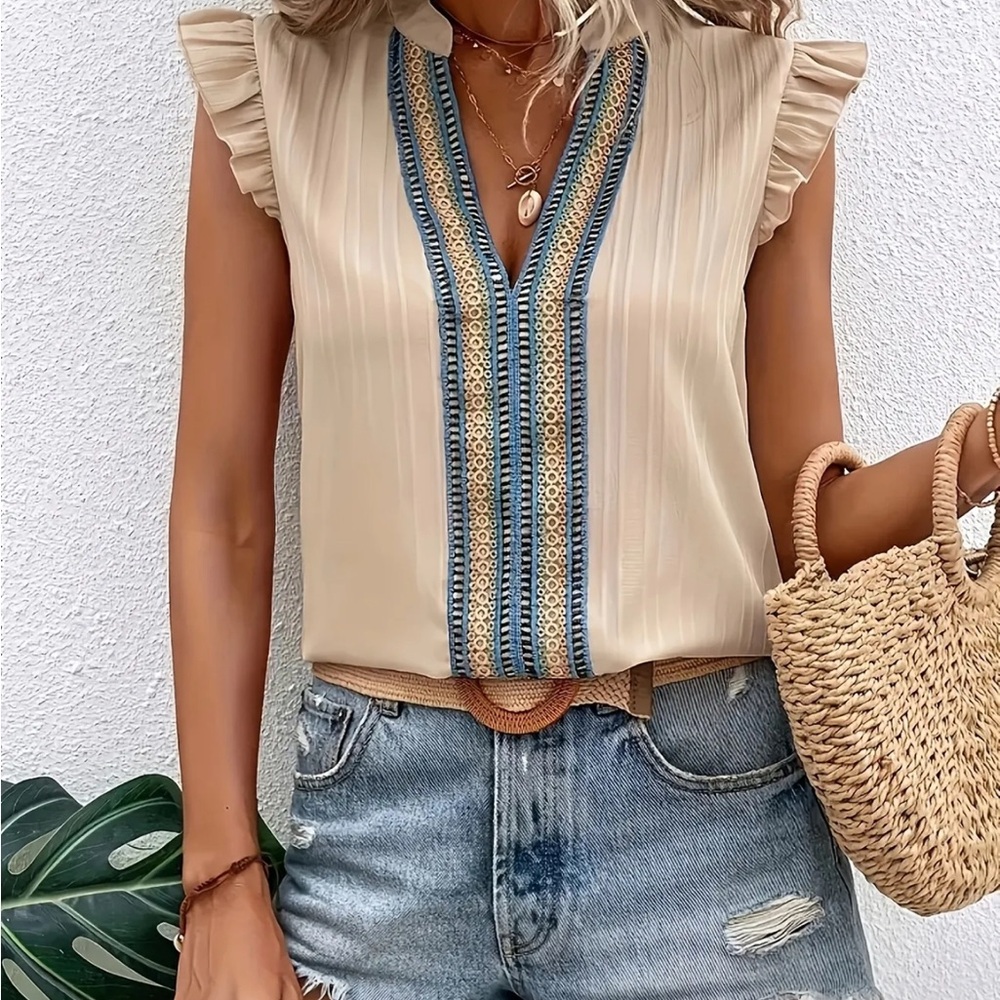 Ruffle Neck Contrast Design Spring Summer Sleeveless Leaf Edge Blouse